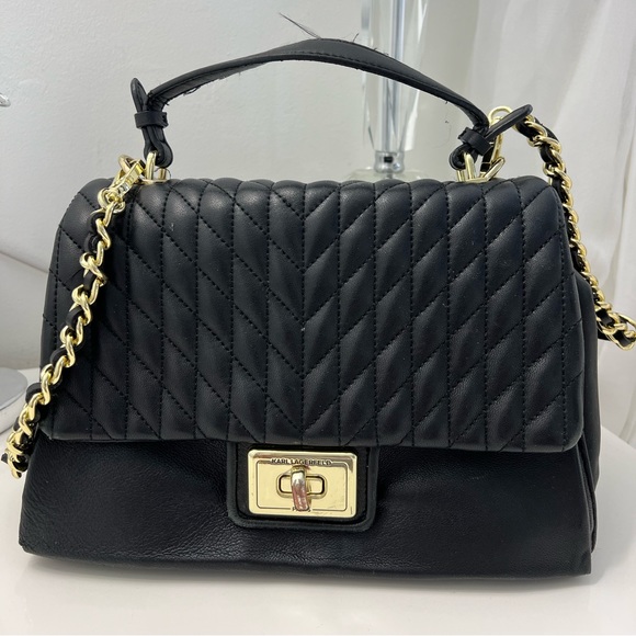 Bags Karl Lagerfeld Paris Agyness Black Gold Leather Crossbody Top